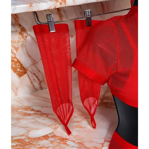 New Large Skirt Set Devil Halloween Costume Mesh Vegan Leather Latex‎ Red Props - Picture 6 of 8